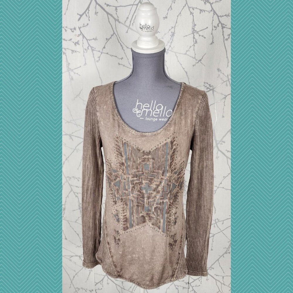 Daytrip Beige Tan Artsy Textured Waffle Knit Scoop Neck Top Y2K